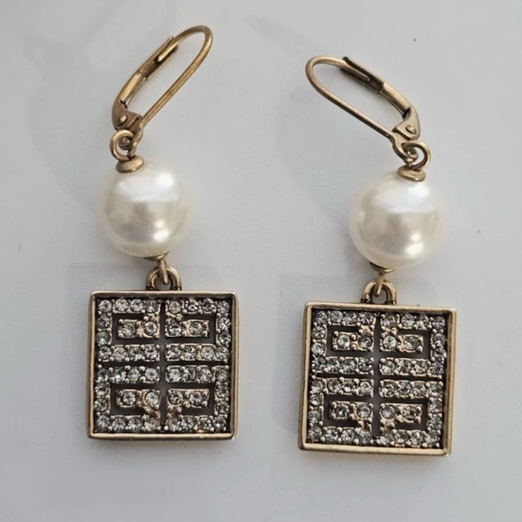 Givenchy Jewelry - Givenchy Vintage Gold Tone  Faux Pearl Drop Earrings with pave pattern logo